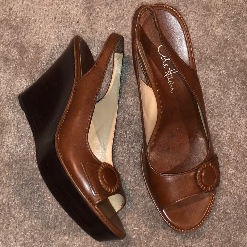 Cole Haan brown leather platform sling back Size 6.5. Brand New. Never worn.